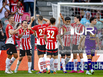 PSV player Hirving Lozano scores the 2-0 and celebrates the goal during the match PSV vs. Go Ahead Eagles at the Philips Stadium for the Dut...