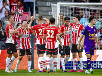 PSV player Hirving Lozano scores the 2-0 and celebrates the goal during the match PSV vs. Go Ahead Eagles at the Philips Stadium for the Dut...