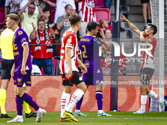 PSV player Hirving Lozano scores the 2-0 and celebrates the goal during the match PSV vs. Go Ahead Eagles at the Philips Stadium for the Dut...