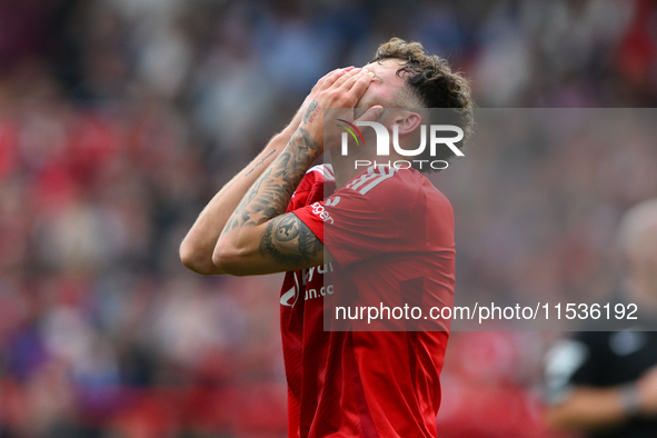 Neco Williams of Nottingham Forest reacts after a missed opportunity at goal during the Premier League match between Nottingham Forest and W...