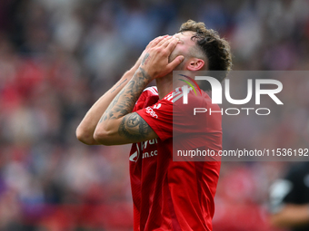 Neco Williams of Nottingham Forest reacts after a missed opportunity at goal during the Premier League match between Nottingham Forest and W...