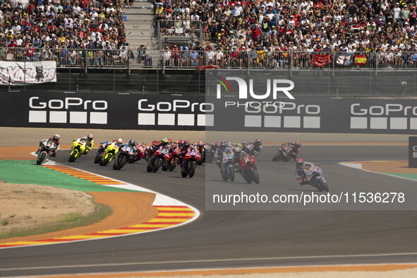 The MotoGP race starts during the Moto Grand Prix GoPro of Aragon Grand Prix race on Sunday at the Motorland circuit in Alcaniz, Spain, on S...