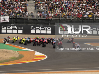 The MotoGP race starts during the Moto Grand Prix GoPro of Aragon Grand Prix race on Sunday at the Motorland circuit in Alcaniz, Spain, on S...