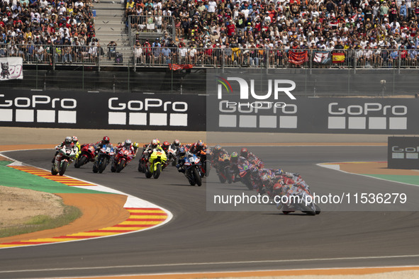 The MotoGP race starts during the Moto Grand Prix GoPro of Aragon Grand Prix race on Sunday at the Motorland circuit in Alcaniz, Spain, on S...