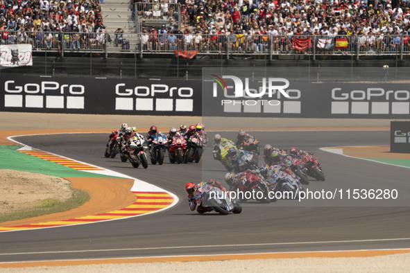 The MotoGP race starts during the Moto Grand Prix GoPro of Aragon Grand Prix race on Sunday at the Motorland circuit in Alcaniz, Spain, on S...