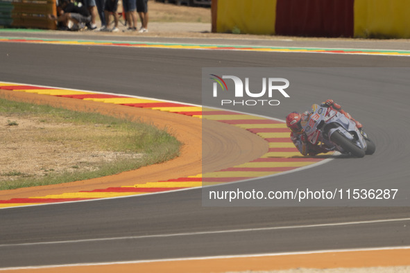 Marc Marquez (Spa-Gresini Racing Ducati) participates in the Moto Grand Prix GoPro of Aragon Grand Prix Race MotoGP on Sunday at the Motorla...