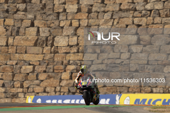 Joan Mir (Spa-Repsol Honda Team) participates in the Moto Grand Prix GoPro of Aragon Grand Prix Race MotoGP on Sunday at the Motorland circu...