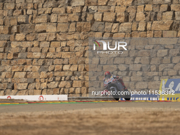 Marc Marquez (Spa-Gresini Racing Ducati) participates in the Moto Grand Prix GoPro of Aragon Grand Prix Race MotoGP on Sunday at the Motorla...