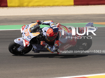 Marc Marquez (Spa-Gresini Racing Ducati) participates in the Moto Grand Prix GoPro of Aragon Grand Prix Race MotoGP on Sunday at the Motorla...