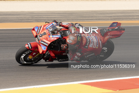 Francesco Bagnaia (Ita-Ducati Lenovo Team) participates in the Moto Grand Prix GoPro of Aragon Grand Prix Race MotoGP on Sunday at the Motor...