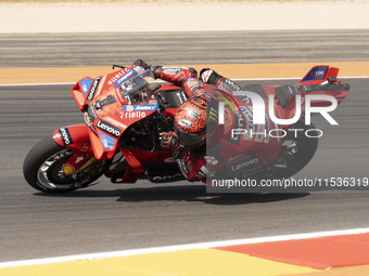 Francesco Bagnaia (Ita-Ducati Lenovo Team) participates in the Moto Grand Prix GoPro of Aragon Grand Prix Race MotoGP on Sunday at the Motor...