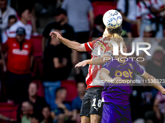 PSV player Olivier Boscagli and Go Ahead Eagles player Finn Stokkers during the match PSV vs. Go Ahead Eagles at the Philips Stadium for the...