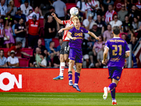 PSV player Olivier Boscagli and Go Ahead Eagles player Finn Stokkers during the match PSV vs. Go Ahead Eagles at the Philips Stadium for the...