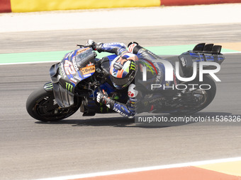 Alex Rins (Spa-Monster Energy Yamaha MotoGP) participates in the Moto Grand Prix GoPro of Aragon Grand Prix Race MotoGP on Sunday at the Mot...