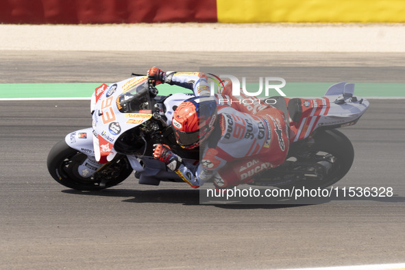 Marc Marquez (Spa-Gresini Racing Ducati) participates in the Moto Grand Prix GoPro of Aragon Grand Prix Race MotoGP on Sunday at the Motorla...