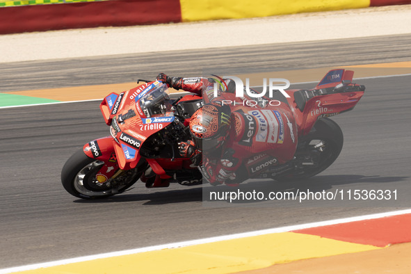 Francesco Bagnaia (Ita-Ducati Lenovo Team) participates in the Moto Grand Prix GoPro of Aragon Grand Prix Race MotoGP on Sunday at the Motor...