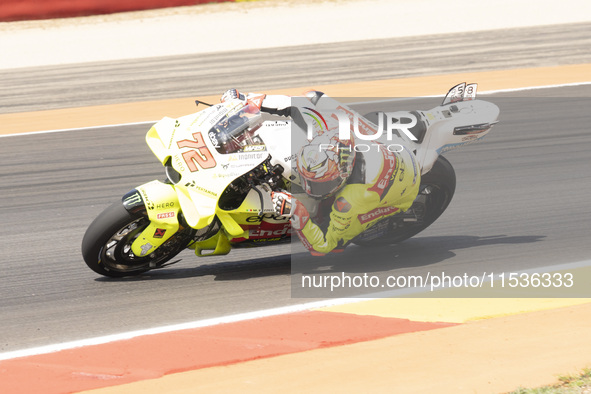 Marco Bezzecchi (Ita-VR46 Team Ducati) participates in the Moto Grand Prix GoPro of Aragon Grand Prix Race MotoGP on Sunday at the Motorland...