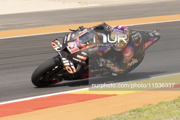 Aleix Espargaro (Spa-Aprilia Racing) participates in the Moto Grand Prix GoPro of Aragon Grand Prix Race MotoGP on Sunday at the Motorland c...