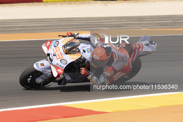 Marc Marquez (Spa-Gresini Racing Ducati) participates in the Moto Grand Prix GoPro of Aragon Grand Prix Race MotoGP on Sunday at the Motorla...