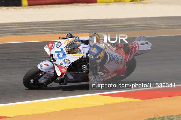 Alex Marquez (Spa-Gresini Racing Ducati) participates in the Moto Grand Prix GoPro of Aragon Grand Prix Race MotoGP on Sunday at the Motorla...