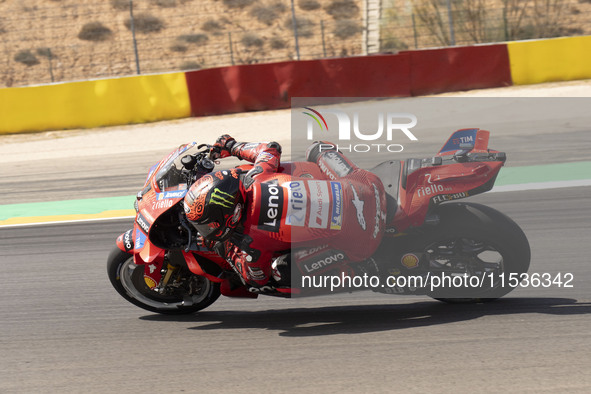 Francesco Bagnaia (Ita-Ducati Lenovo Team) participates in the Moto Grand Prix GoPro of Aragon Grand Prix Race MotoGP on Sunday at the Motor...