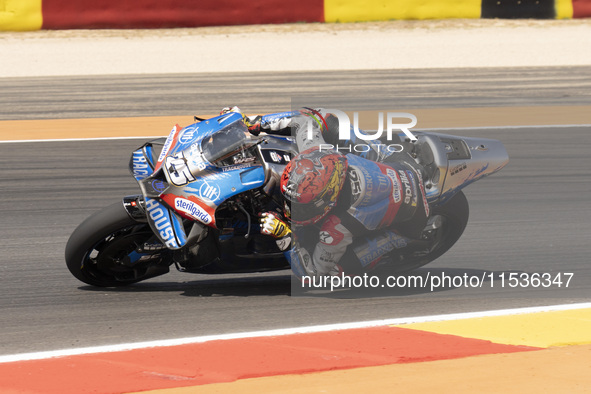 Raul Fernandez (Spa-Aprilia Racing) participates in the Moto Grand Prix GoPro of Aragon Grand Prix Race MotoGP on Sunday at the Motorland ci...