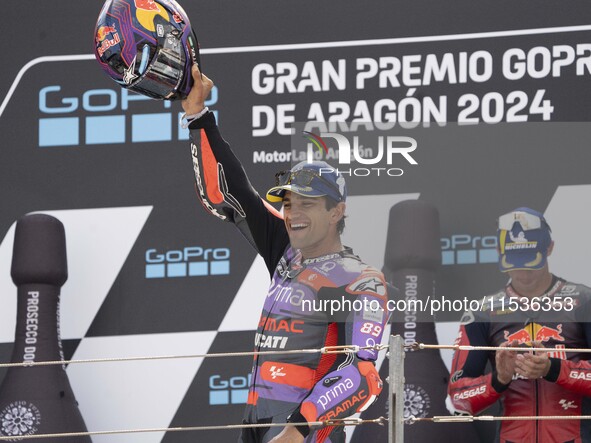 Jorge Martin (Spa-Pramac Racing Ducati) participates in the Moto Grand Prix GoPro of Aragon Grand Prix Race MotoGP on Sunday at the Motorlan...