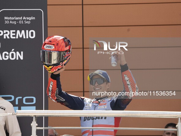 Marc Marquez (Spa-Gresini Racing Ducati) participates in the Moto Grand Prix GoPro of Aragon Grand Prix Race MotoGP on Sunday at the Motorla...