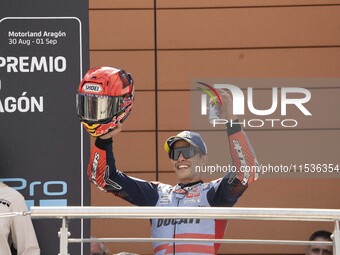 Marc Marquez (Spa-Gresini Racing Ducati) participates in the Moto Grand Prix GoPro of Aragon Grand Prix Race MotoGP on Sunday at the Motorla...