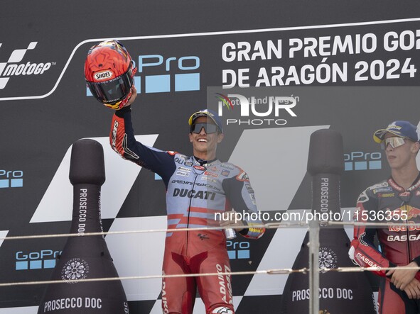 Marc Marquez (Spa-Gresini Racing Ducati) participates in the Moto Grand Prix GoPro of Aragon Grand Prix Race MotoGP on Sunday at the Motorla...