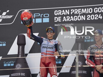 Marc Marquez (Spa-Gresini Racing Ducati) participates in the Moto Grand Prix GoPro of Aragon Grand Prix Race MotoGP on Sunday at the Motorla...