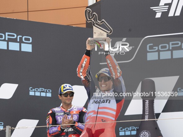 Marc Marquez (Spa-Gresini Racing Ducati) participates in the Moto Grand Prix GoPro of Aragon Grand Prix Race MotoGP on Sunday at the Motorla...