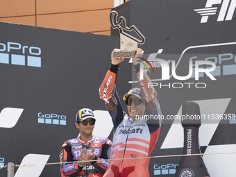 Marc Marquez (Spa-Gresini Racing Ducati) participates in the Moto Grand Prix GoPro of Aragon Grand Prix Race MotoGP on Sunday at the Motorla...