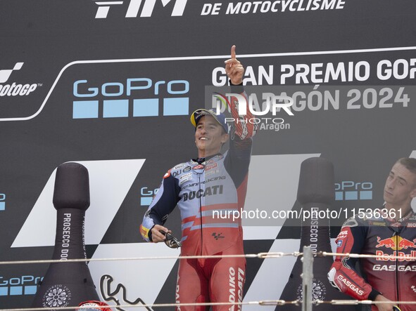 Marc Marquez (Spa-Gresini Racing Ducati) participates in the Moto Grand Prix GoPro of Aragon Grand Prix Race MotoGP on Sunday at the Motorla...