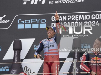 Marc Marquez (Spa-Gresini Racing Ducati) participates in the Moto Grand Prix GoPro of Aragon Grand Prix Race MotoGP on Sunday at the Motorla...