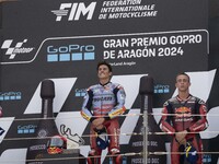 Marc Marquez (Spa-Gresini Racing Ducati) and Pedro Acosta (Spa-GASGAS Factory Racing) during the Moto Grand Prix GoPro of Aragon Grand Prix...