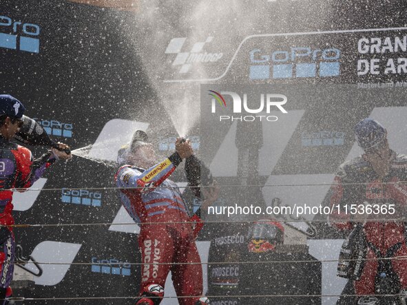 Marc Marquez (Spa-Gresini Racing Ducati) participates in the Moto Grand Prix GoPro of Aragon Grand Prix Race MotoGP on Sunday at the Motorla...