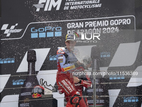 Marc Marquez (Spa-Gresini Racing Ducati) participates in the Moto Grand Prix GoPro of Aragon Grand Prix Race MotoGP on Sunday at the Motorla...