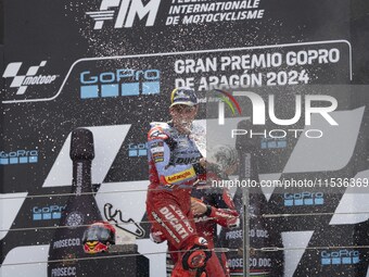 Marc Marquez (Spa-Gresini Racing Ducati) participates in the Moto Grand Prix GoPro of Aragon Grand Prix Race MotoGP on Sunday at the Motorla...