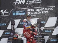 Marc Marquez (Spa-Gresini Racing Ducati) participates in the Moto Grand Prix GoPro of Aragon Grand Prix Race MotoGP on Sunday at the Motorla...