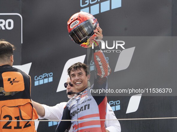 Marc Marquez (Spa-Gresini Racing Ducati) participates in the Moto Grand Prix GoPro of Aragon Grand Prix Race MotoGP on Sunday at the Motorla...