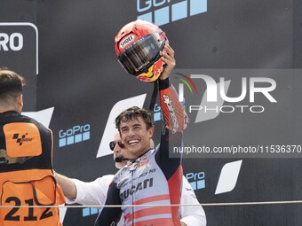 Marc Marquez (Spa-Gresini Racing Ducati) participates in the Moto Grand Prix GoPro of Aragon Grand Prix Race MotoGP on Sunday at the Motorla...