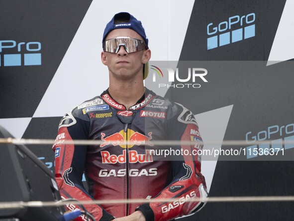 Pedro Acosta (Spa-GASGAS Factory Racing) participates in the Moto Grand Prix GoPro of Aragon Grand Prix Race MotoGP on Sunday at the Motorla...