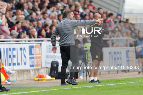 Northampton Town's manager Jon Brady during the first half of the Sky Bet League 1 match between Northampton Town and Burton Albion at the P...