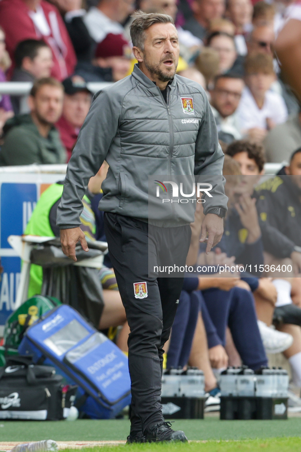 Northampton Town's manager Jon Brady during the first half of the Sky Bet League 1 match between Northampton Town and Burton Albion at the P...