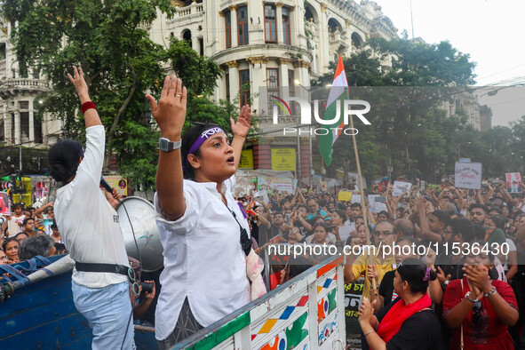 Students shout slogans during a rally in Kolkata, India, on September 1, 2024, demanding punishment for the accused involved in the rape and...