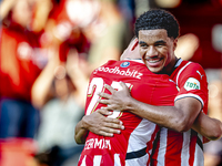 PSV player Malik Tillman and PSV player Joey Veerman celebrate the goal during the match between PSV and Go Ahead Eagles at the Philips Stad...