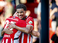 PSV player Malik Tillman and PSV player Joey Veerman celebrate the goal during the match between PSV and Go Ahead Eagles at the Philips Stad...