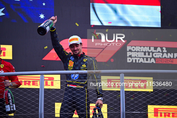 Charles Leclerc of Scuderia Ferrari celebrates his victory during the race of the Italian GP, the 16th round of the Formula 1 World Champion...