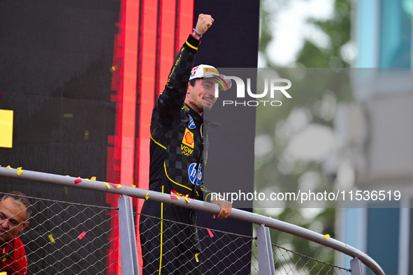 Charles Leclerc of Scuderia Ferrari celebrates his victory during the race of the Italian GP, the 16th round of the Formula 1 World Champion...